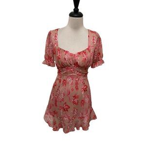 Europa The Label Women's Puff Sleeve Ruffle Floral Mini Dress Pink Red Small